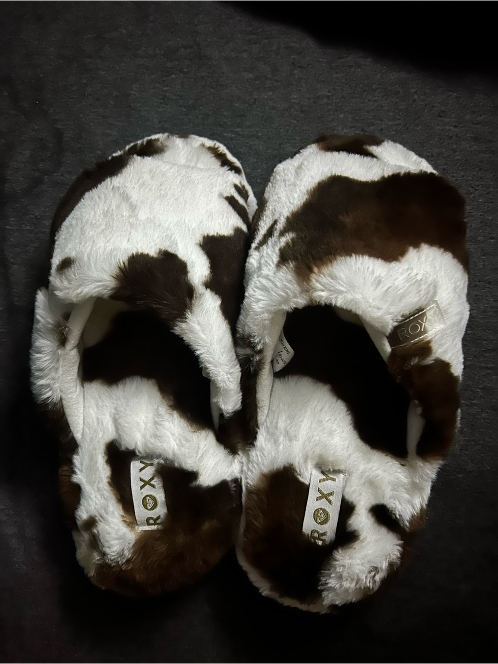 Roxy adult Brown & White Cow-Print Plush Slip-Ons